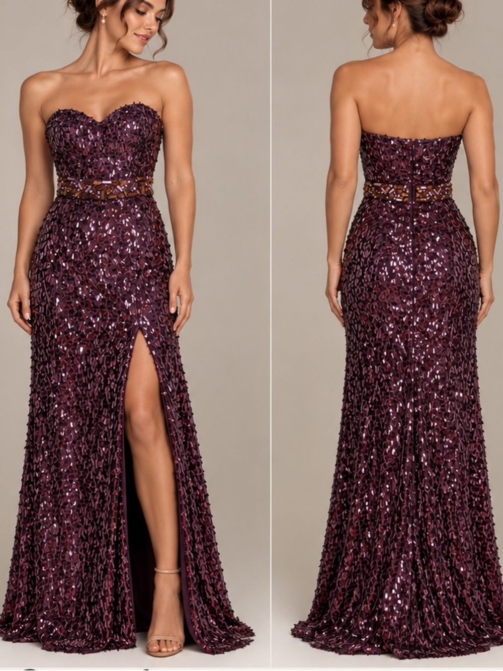 Shimmer by Bari Jay Purple Sequin Beaded Formal Gown – Sweetheart Slit Dress M